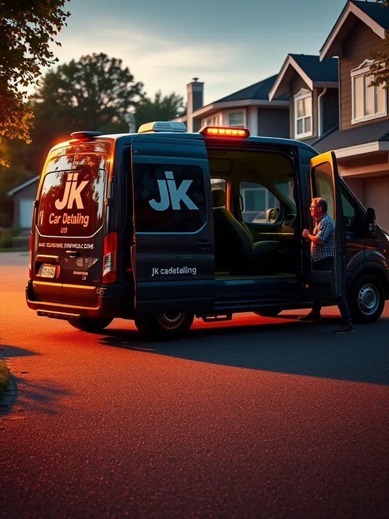 An image of JK Car Detailing's mobile unit arriving at a customer's location, highlighting the convenience of the service.