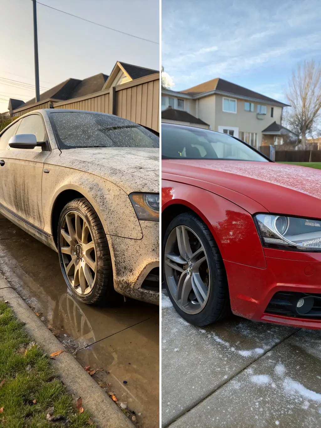 A before-and-after image demonstrating the effectiveness of JK Car Detailing's interior detailing service, showing a dramatically cleaner car interior.
