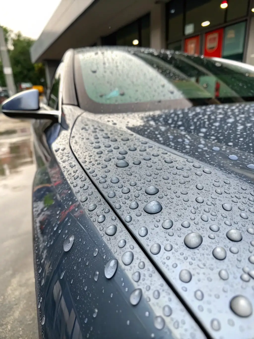 A car with ceramic coating, water beading on the surface, in a studio environment.
