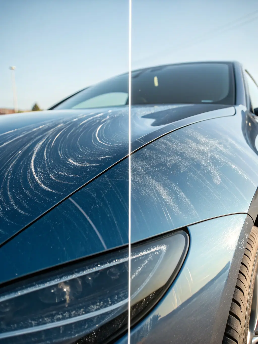 A before-and-after image demonstrating JK Car Detailing's Paint Correction service. One side shows swirl marks and scratches, while the other side displays a smooth, flawless paint finish under professional lighting.